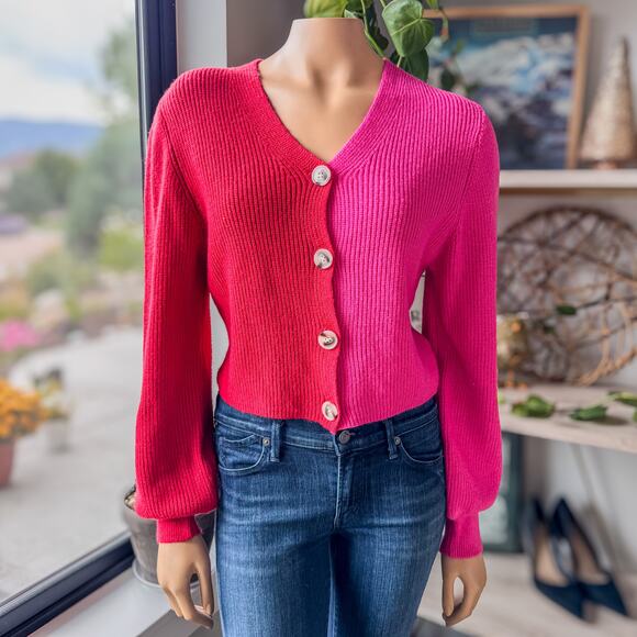 NWT-Miami if Francesca's, Red & Pink ColorBlock Button Up Cropped Cardigan-SZ XS - Picture 1 of 8